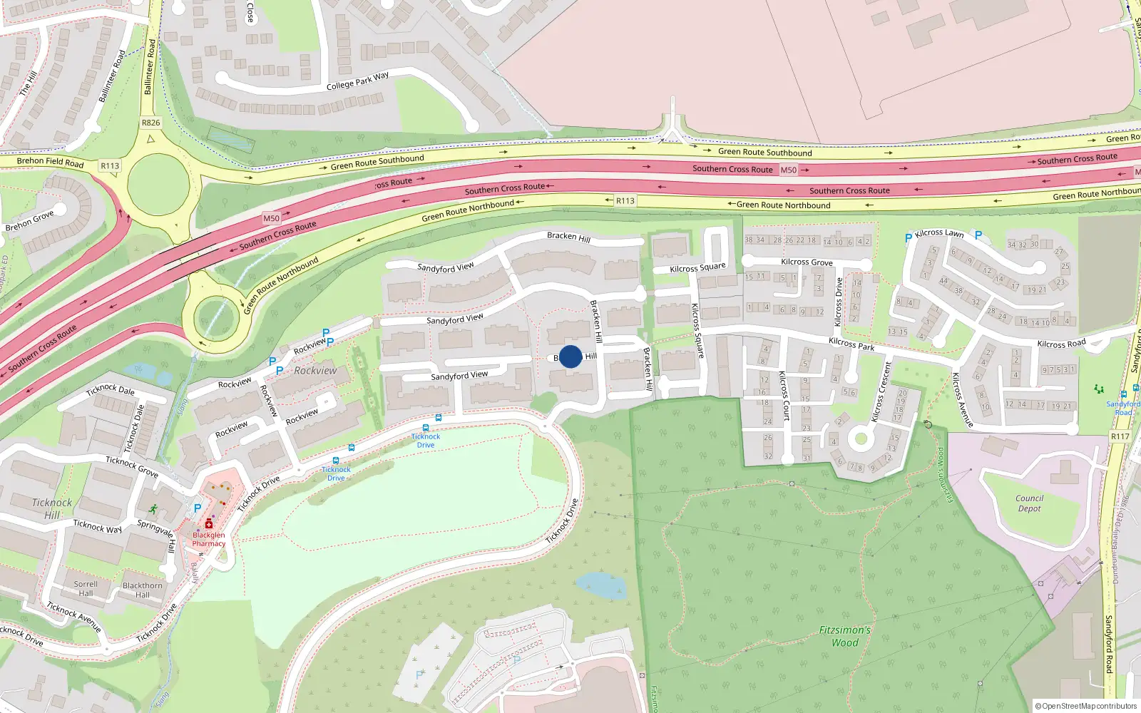 Overhead map showing the location of 52 Bracken Hill, Sandyford