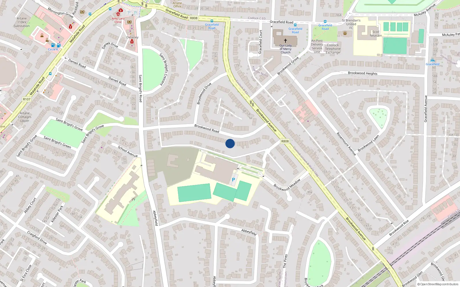 Overhead map showing the location of 52 Brookwood Road, Dublin 5