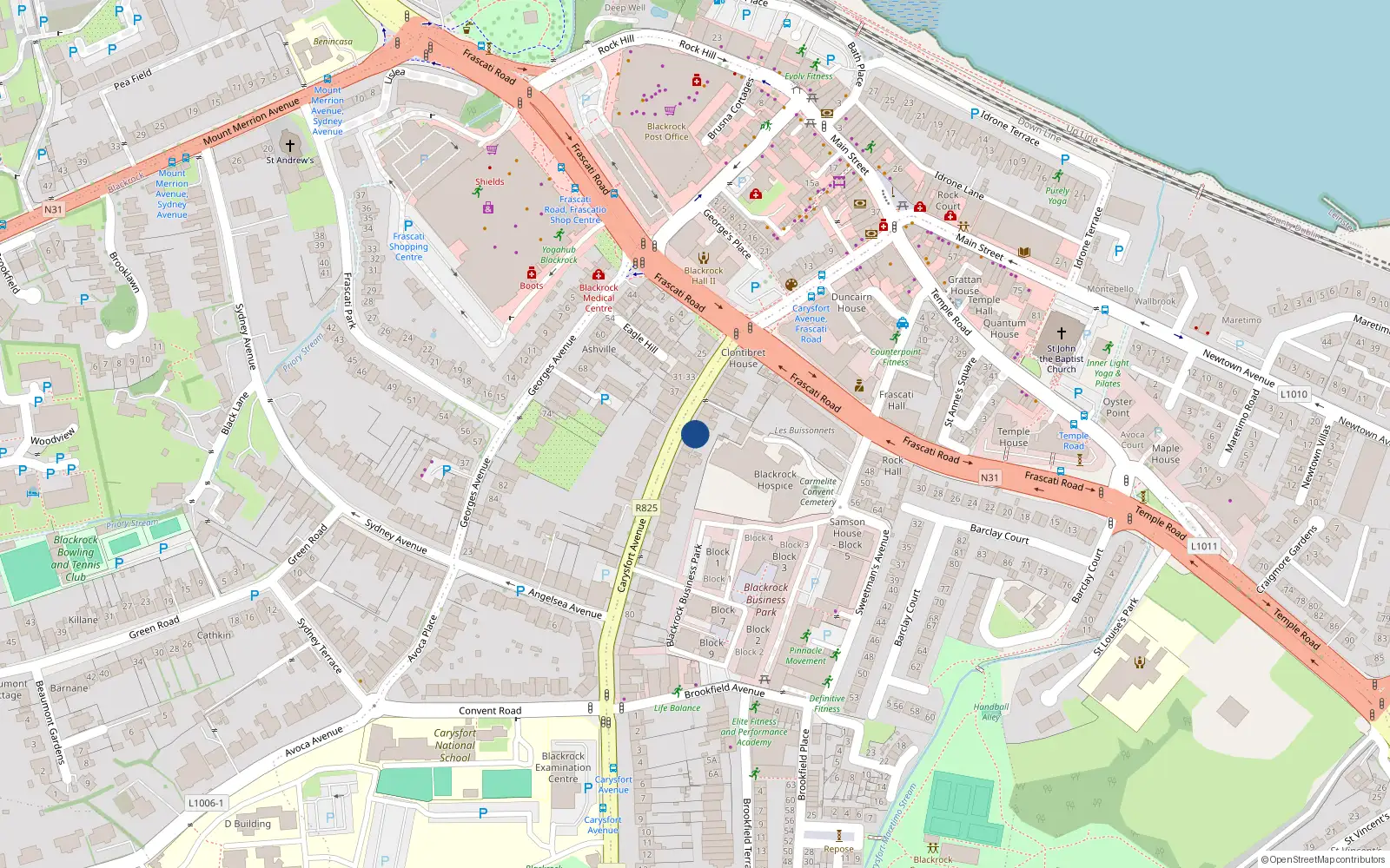 Overhead map showing the location of 52 Carysfort Avenue, Blackrock