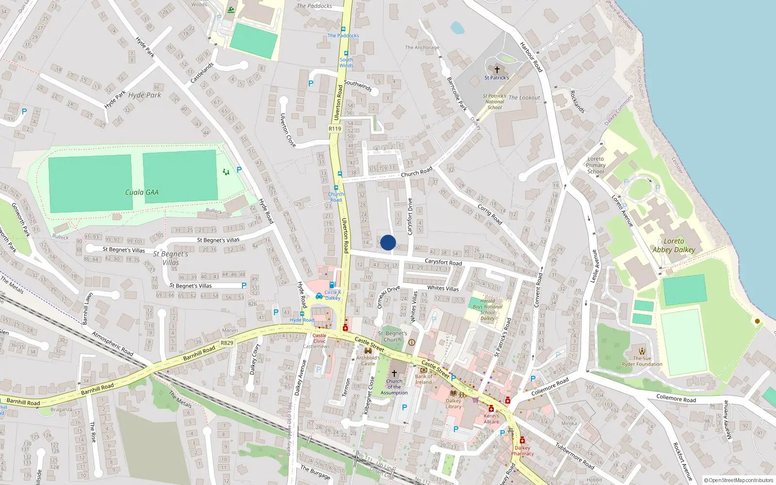 Overhead map showing the location of 52 Carysfort Road, Dalkey