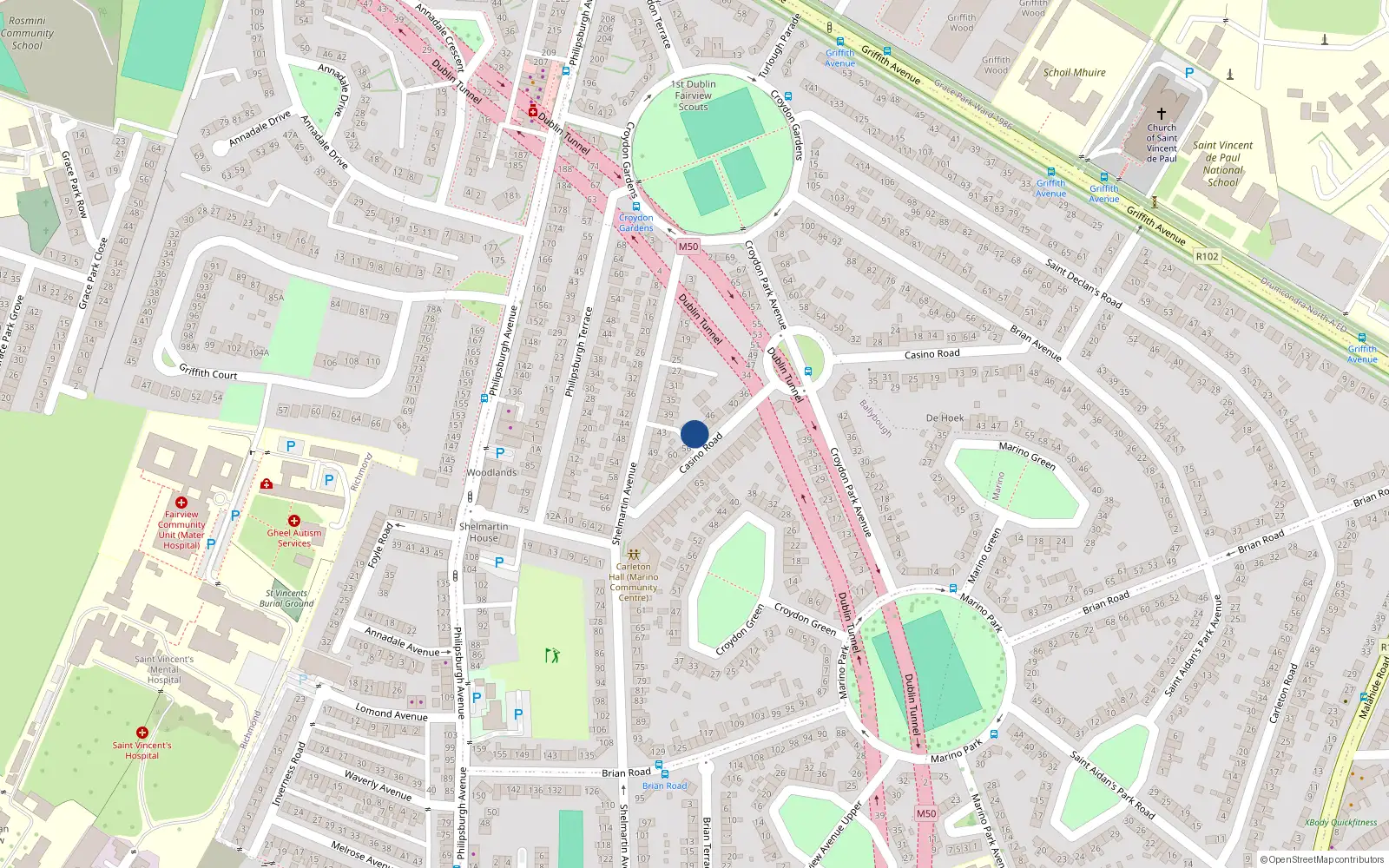 Overhead map showing the location of 52 Casino Road, Marino, Dublin 3