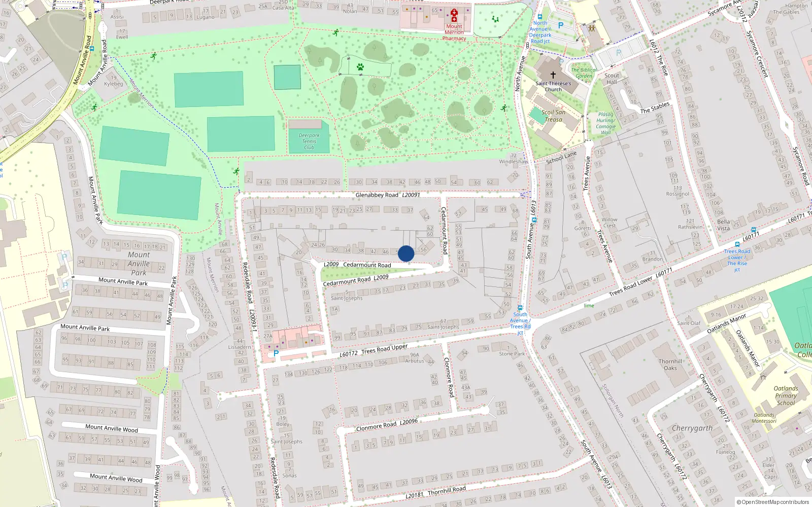 Overhead map showing the location of 52 Cedarmount Road, Mount Merrion, Co Dublin