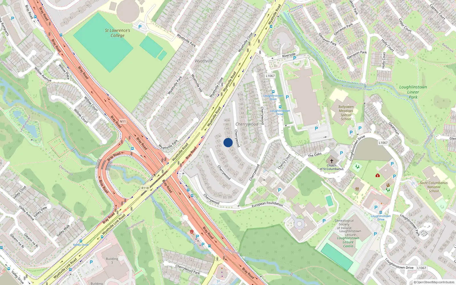 Overhead map showing the location of 52 Cherrywood, Off Loughlinstown Drive, Loughlinstown