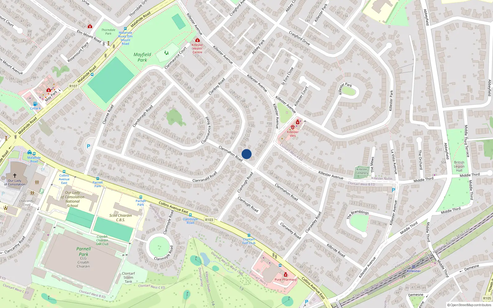 Overhead map showing the location of 52 Clanmahon Road, Dublin 5