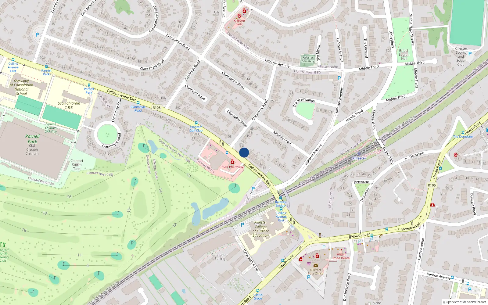 Overhead map showing the location of 52 Collins Avenue East, Killester, Dublin 5