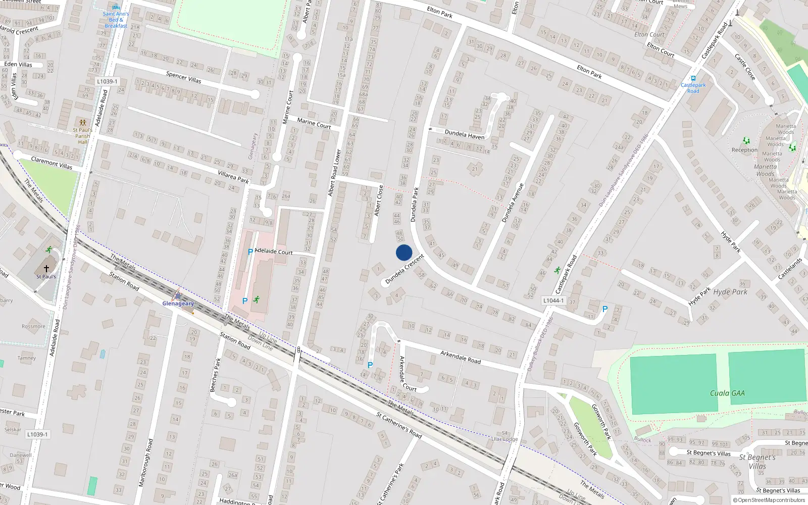 Overhead map showing the location of 52 Dundela Park, Sandycove, Dublin