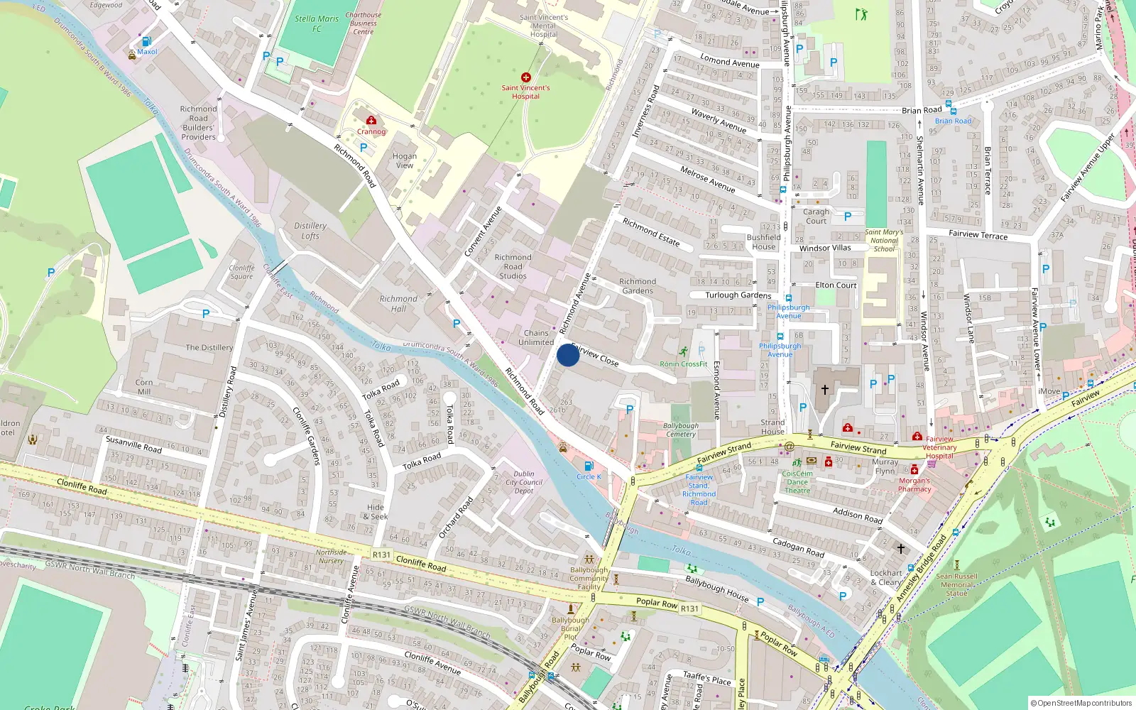 Overhead map showing the location of 52 Fairview Close, Cabra - Glasnevin