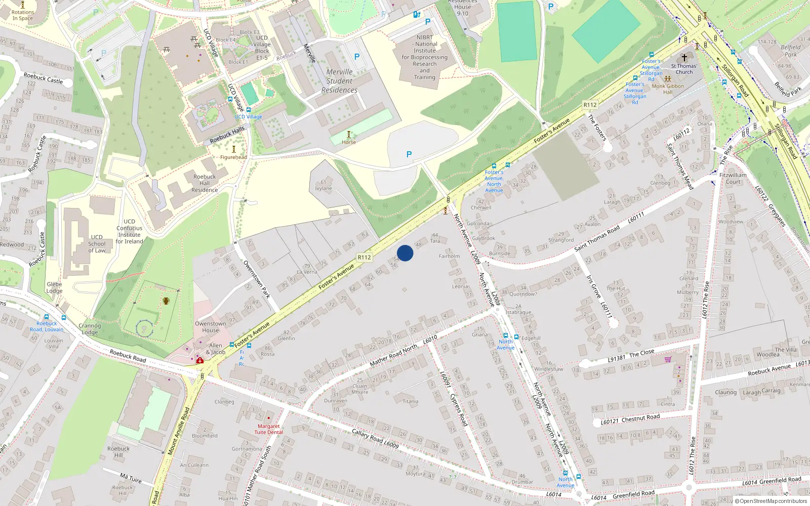 Overhead map showing the location of 52 Foster's Avenue, Mount Merrion, Co Dublin