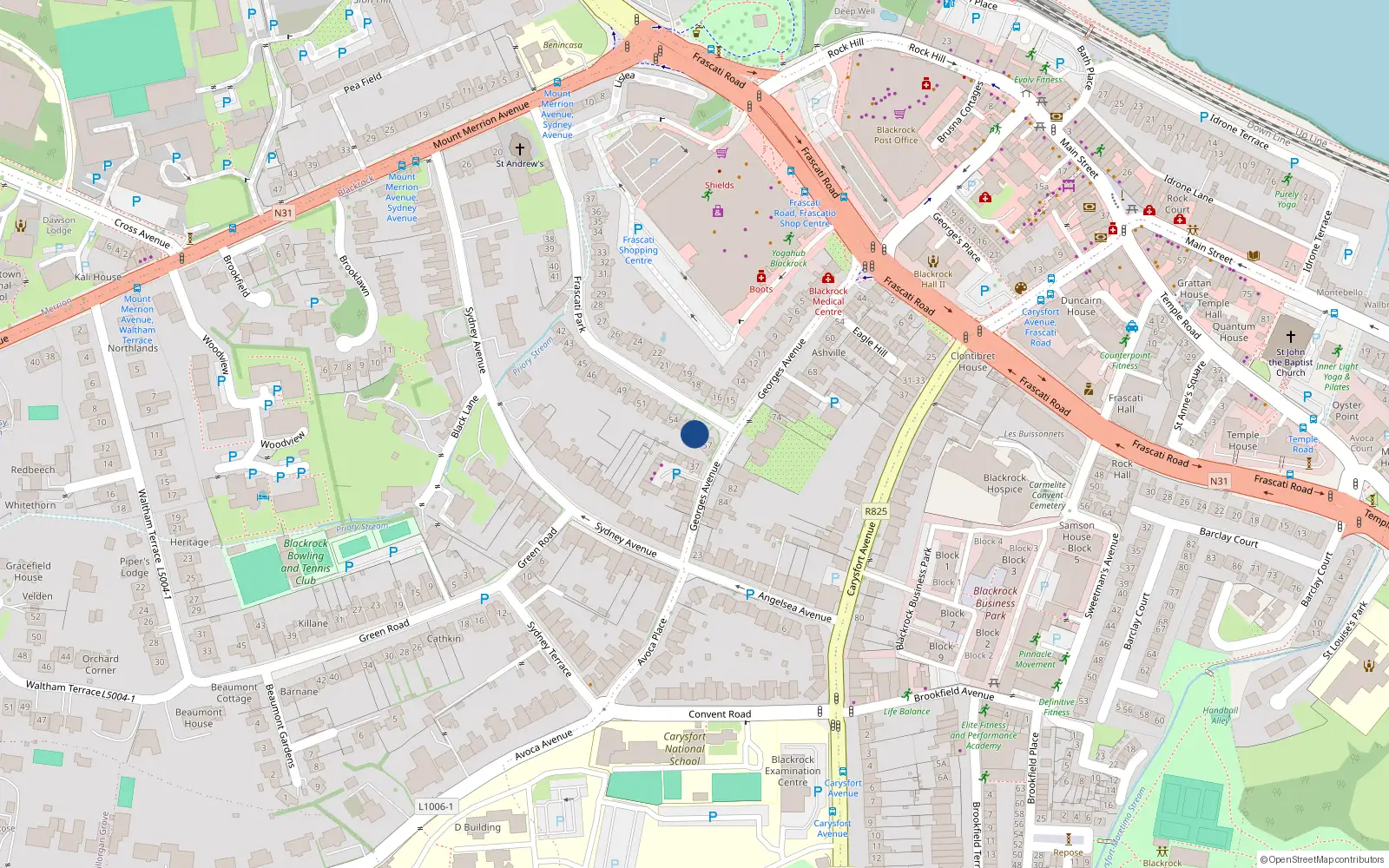 Overhead map showing the location of 52 Frascati Park, Blackrock