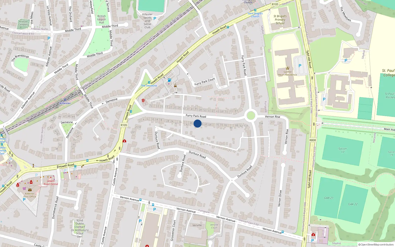 Overhead map showing the location of 52 Furry Park Road, Dublin 5