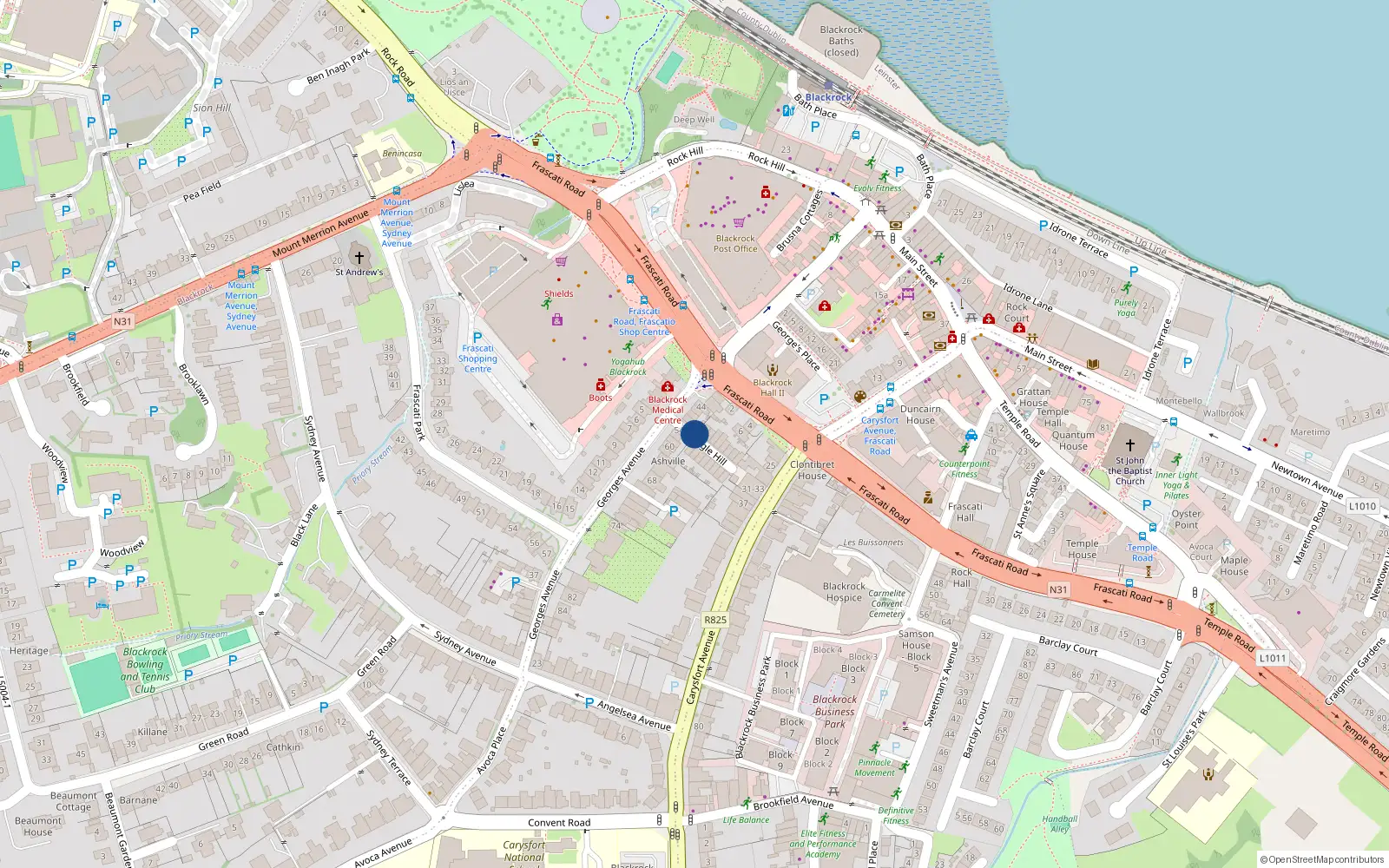 Overhead map showing the location of 52 George's Avenue, Blackrock