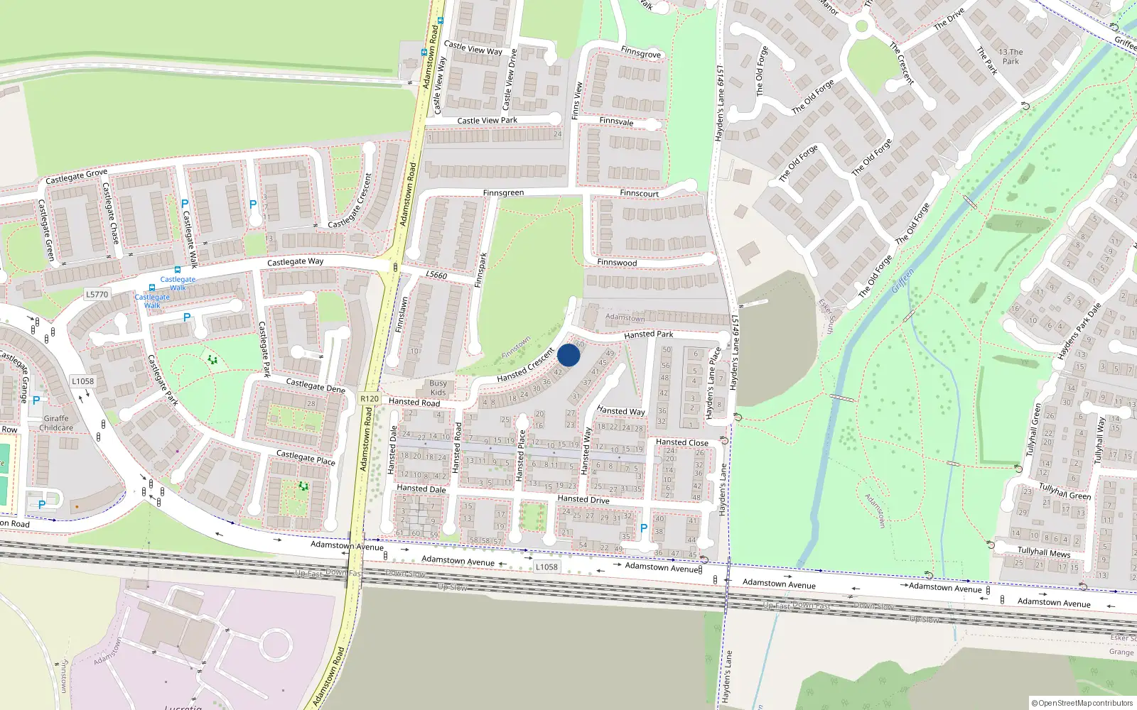 Overhead map showing the location of 52 Hansted Crescent, Lucan