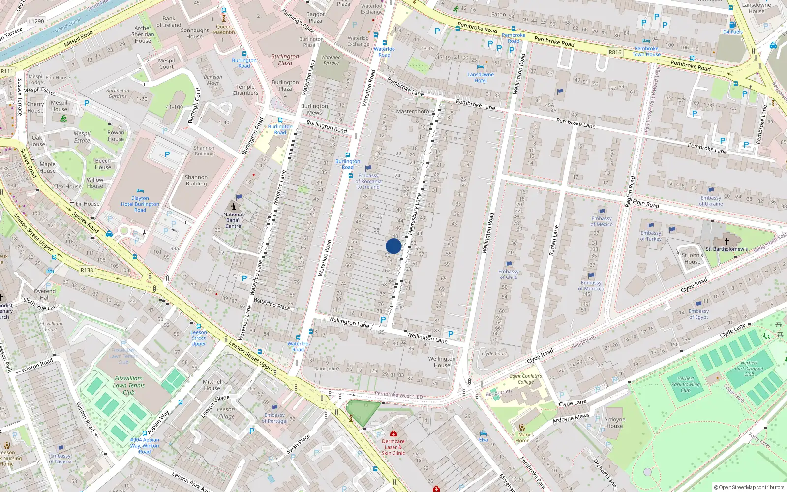 Overhead map showing the location of 52 Heytesbury Lane, Dublin 4