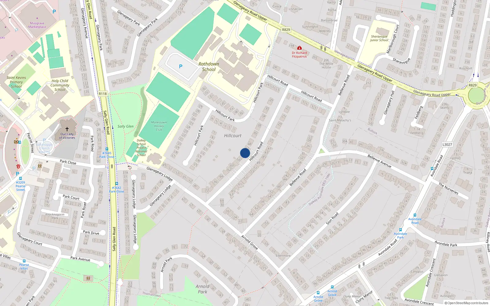 Overhead map showing the location of 52 Hillcourt Road, Glenageary, Dublin