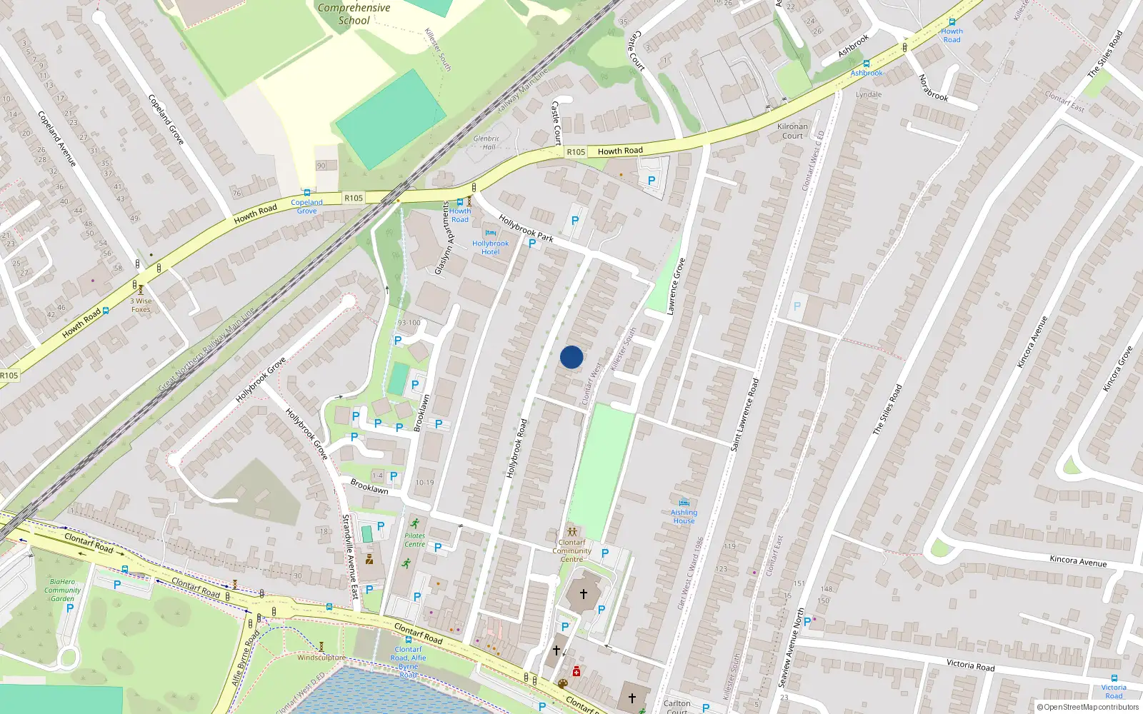 Overhead map showing the location of 52 Hollybrook Road, Dublin 3