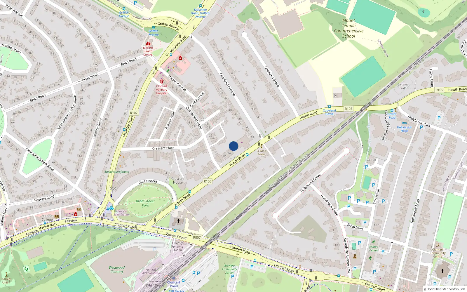 Overhead map showing the location of 52 Howth Road, Clontarf, Dublin 3