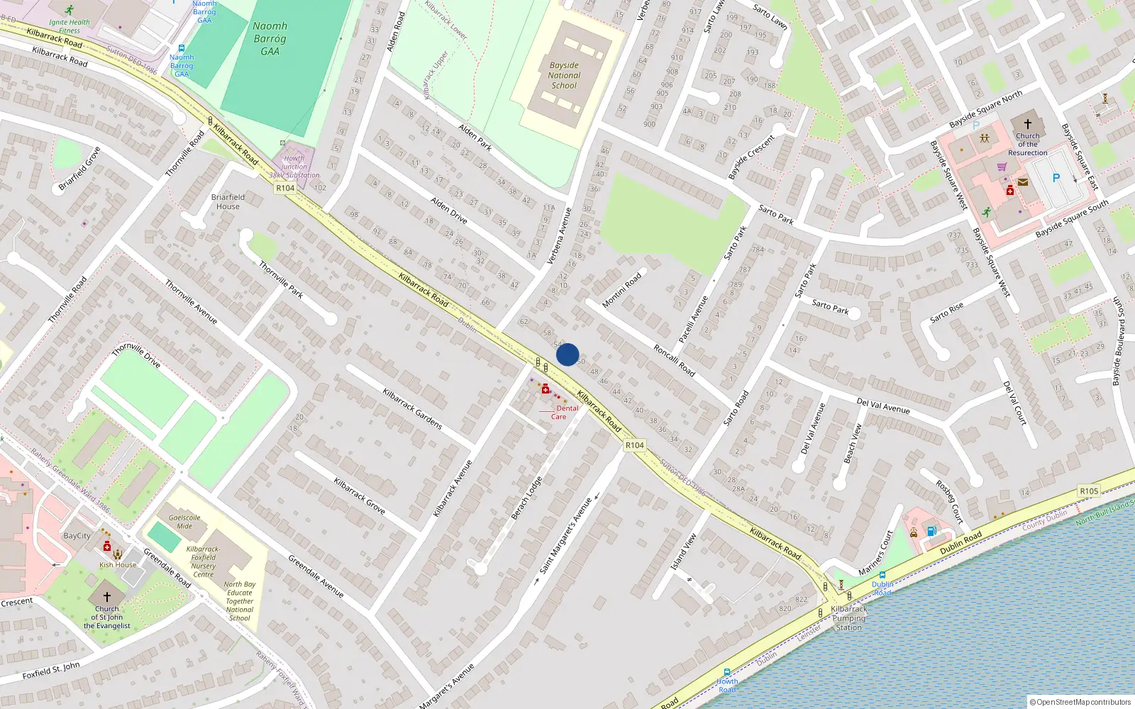 Overhead map showing the location of 52 Kilbarrack Road, Sutton, Dublin 13