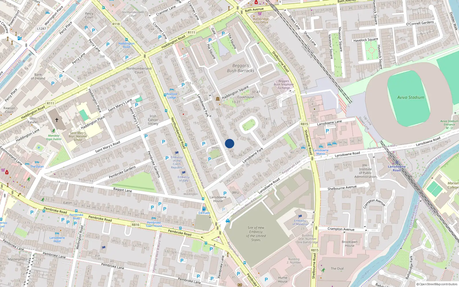 Overhead map showing the location of 52 Lansdowne Park, Dublin