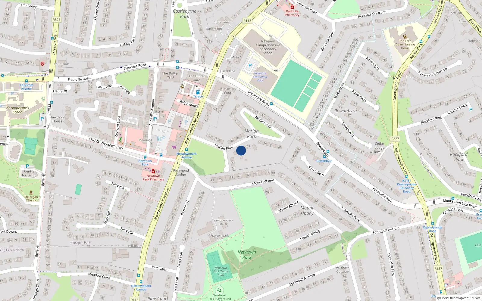 Overhead map showing the location of 52 Marian Park, Blackrock