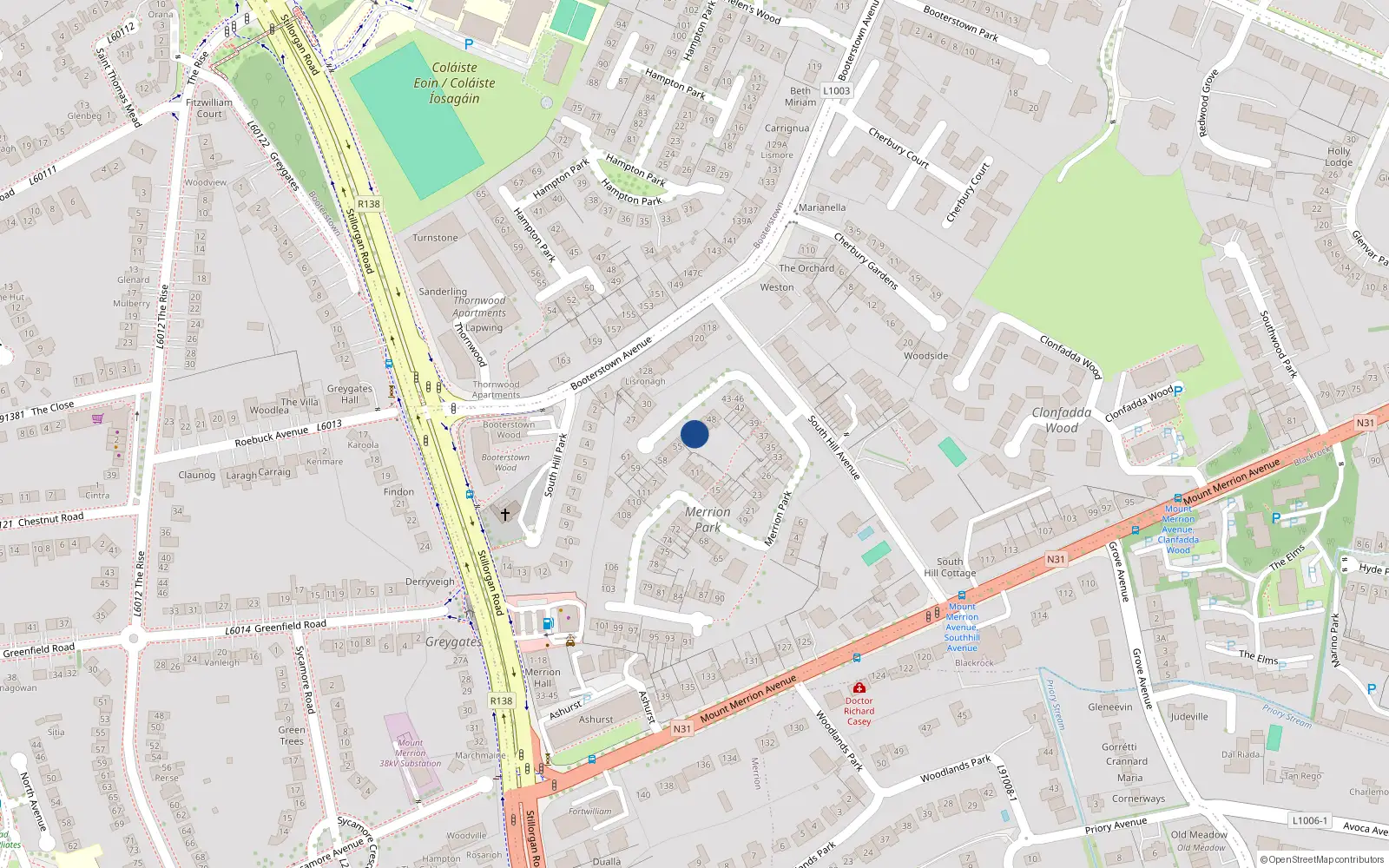Overhead map showing the location of 52 Merrion Park, Blackrock
