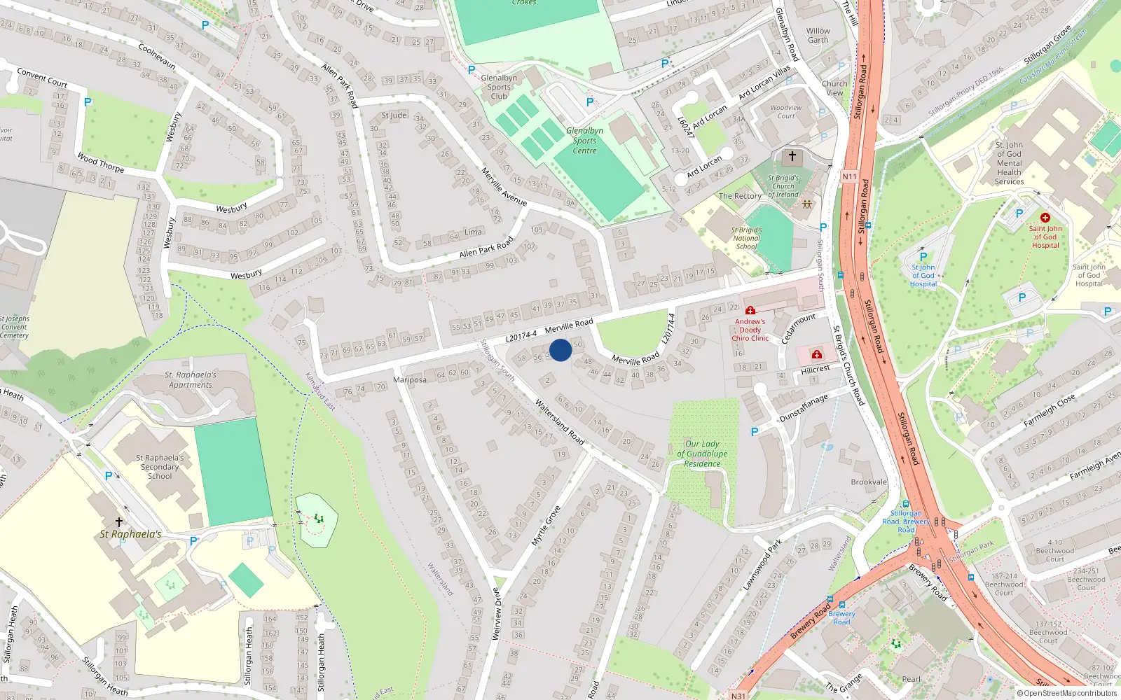 Overhead map showing the location of 52 Merville Road, Stillorgan, Dublin