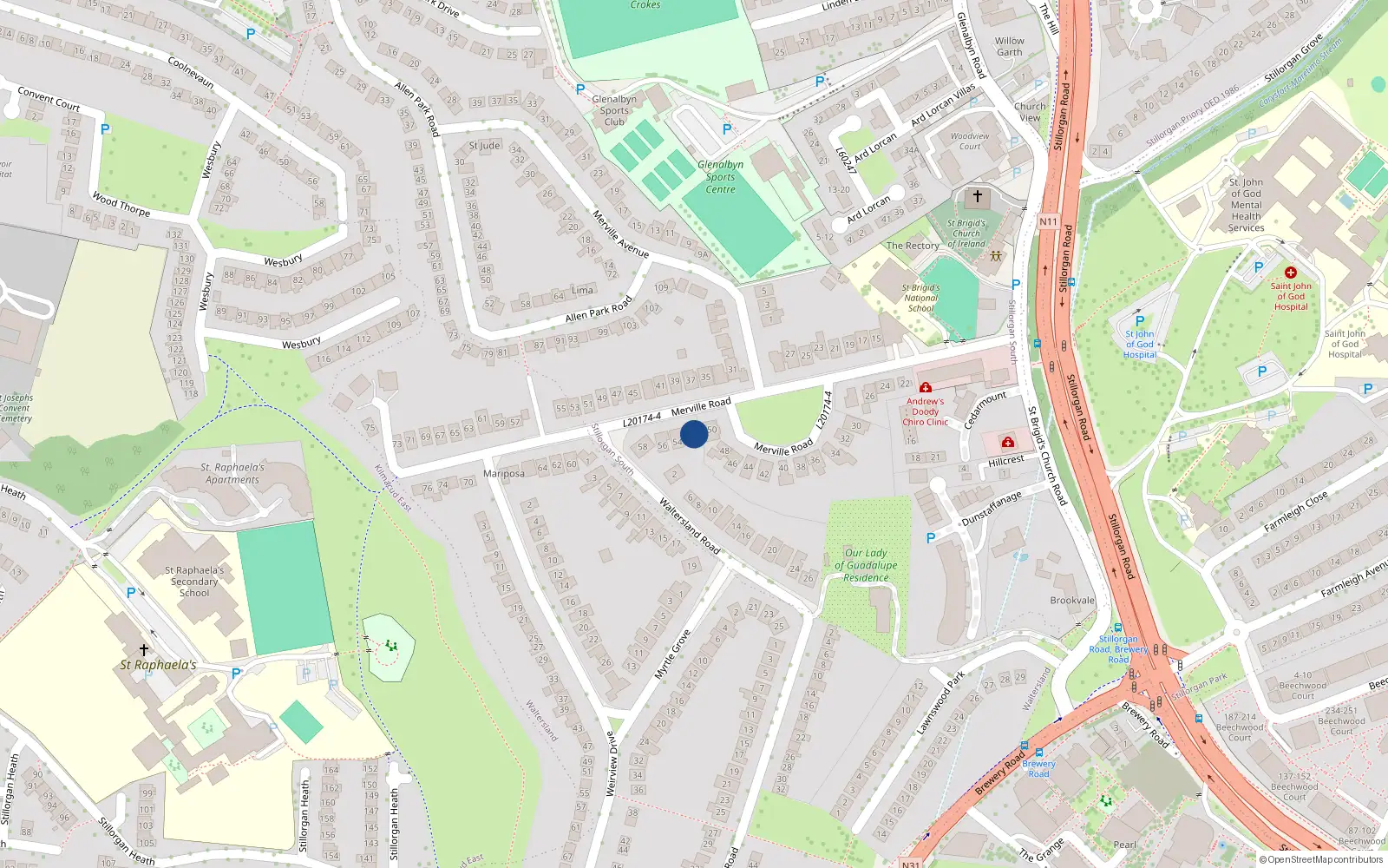 Overhead map showing the location of 52 Merville Road, Dublin