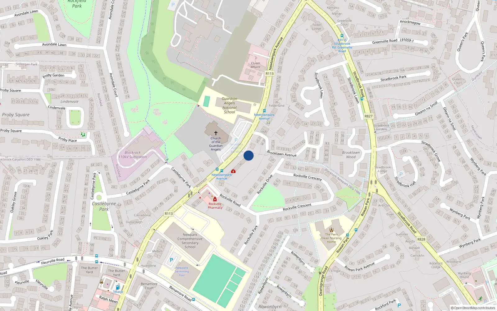 Overhead map showing the location of 52 Newtownpark Avenue, Blackrock