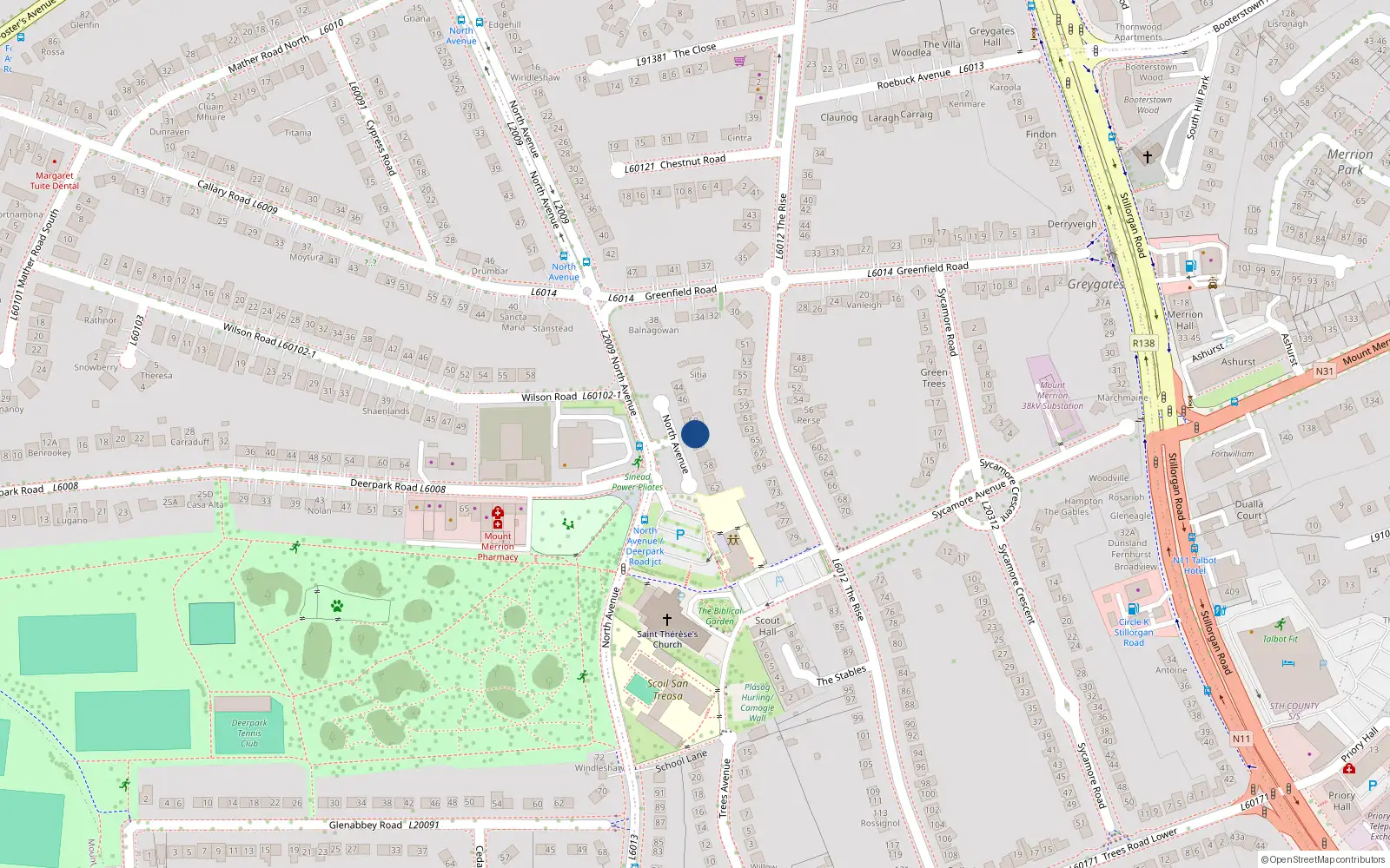 Overhead map showing the location of 52 North Avenue, Blackrock