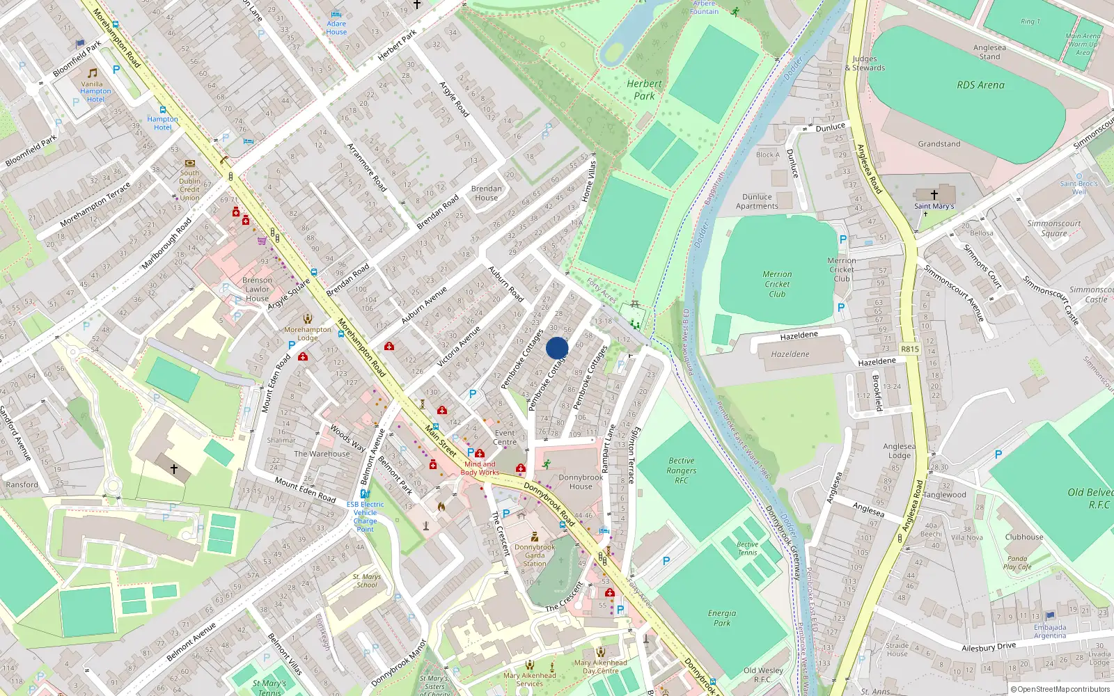 Overhead map showing the location of 52 Pembroke Cottages, Dublin 4