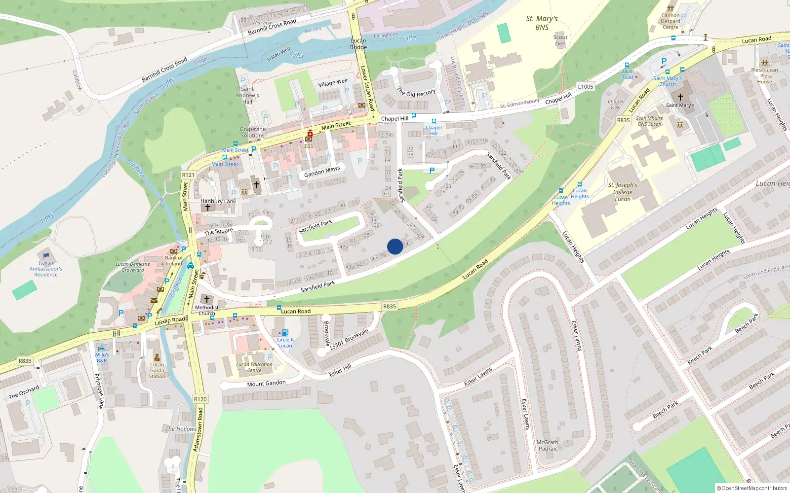 Overhead map showing the location of 52 Sarsfield Park, Lucan