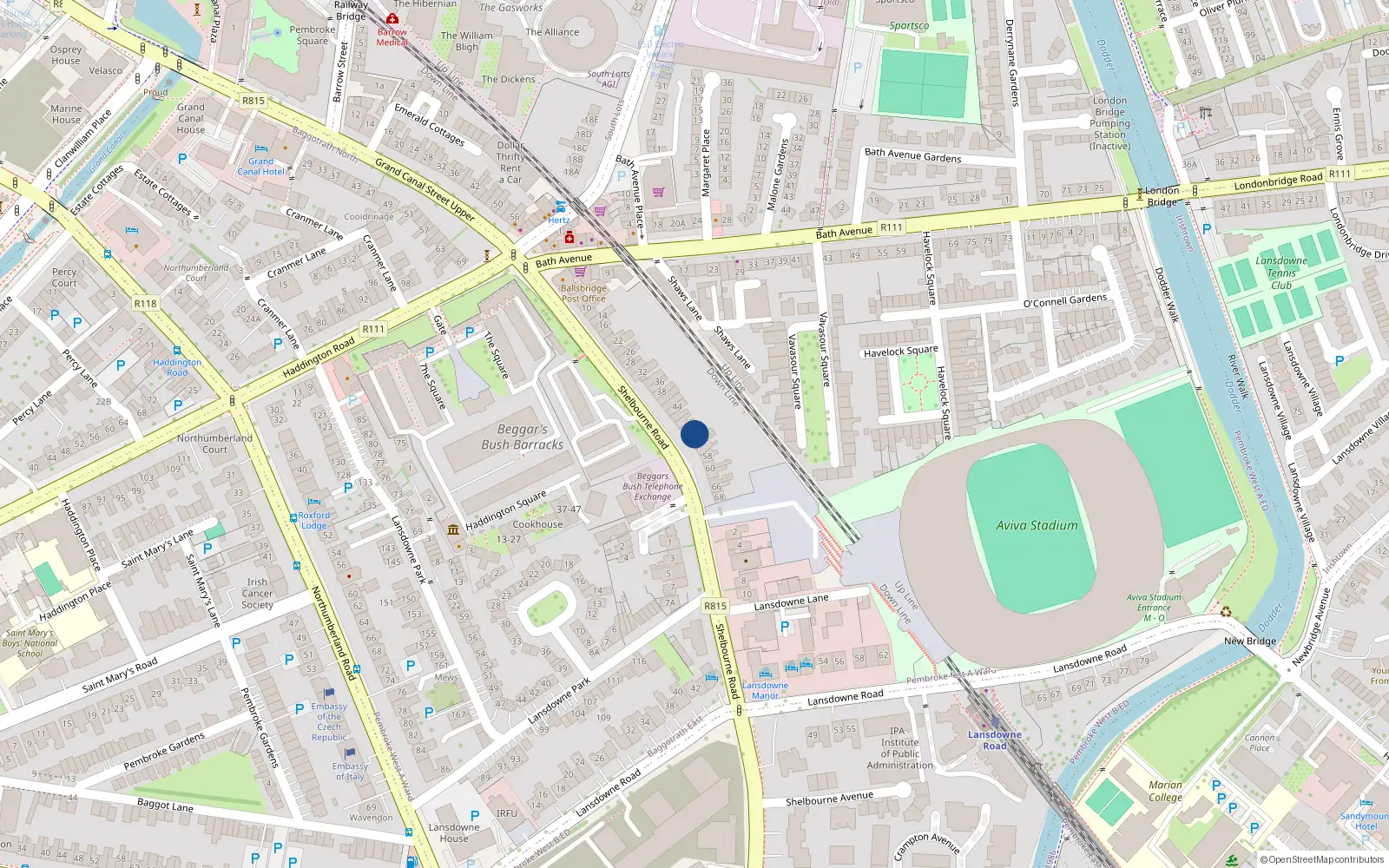 Overhead map showing the location of 52 Shelbourne Road, Dublin 4