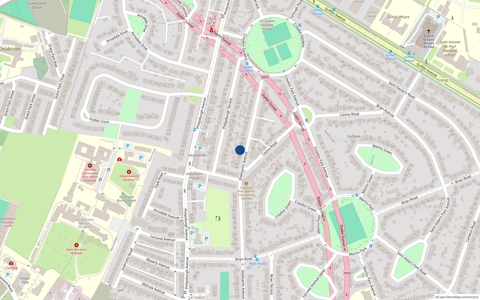 Overhead map showing the location of 52 Shelmartin Avenue, Marino, Dublin 3