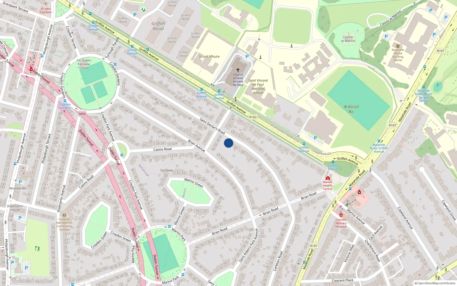 Overhead map showing the location of 52 St Declan's Road, Marino, Dublin 3