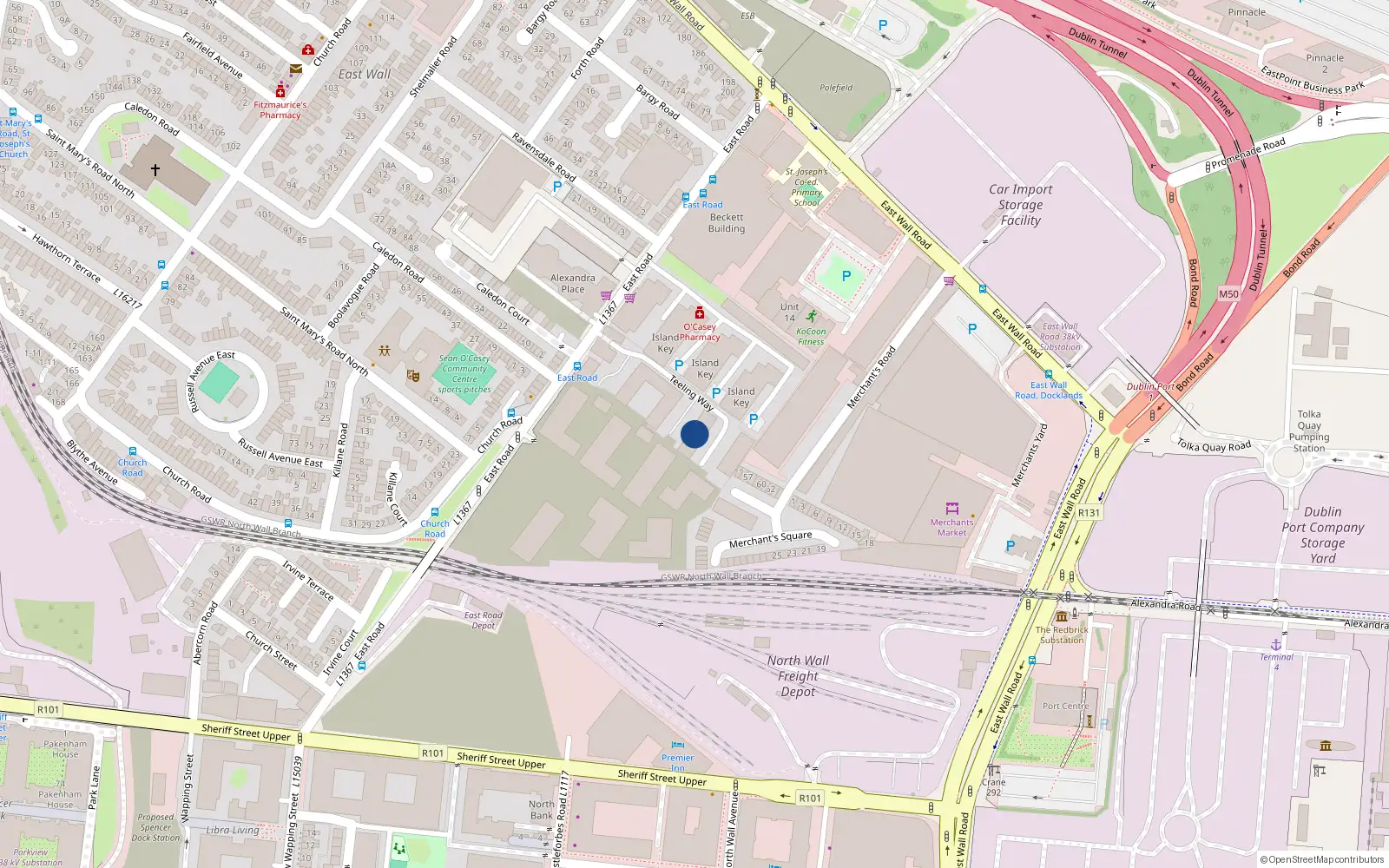 Overhead map showing the location of 52 Teeling Way, East Road, East Wall