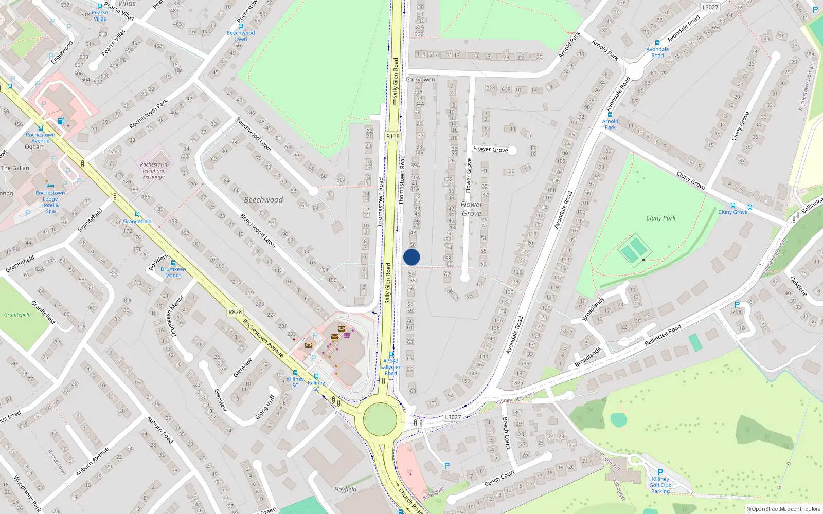 Overhead map showing the location of 52 Thomastown Road, Dun Laoghaire, Dublin