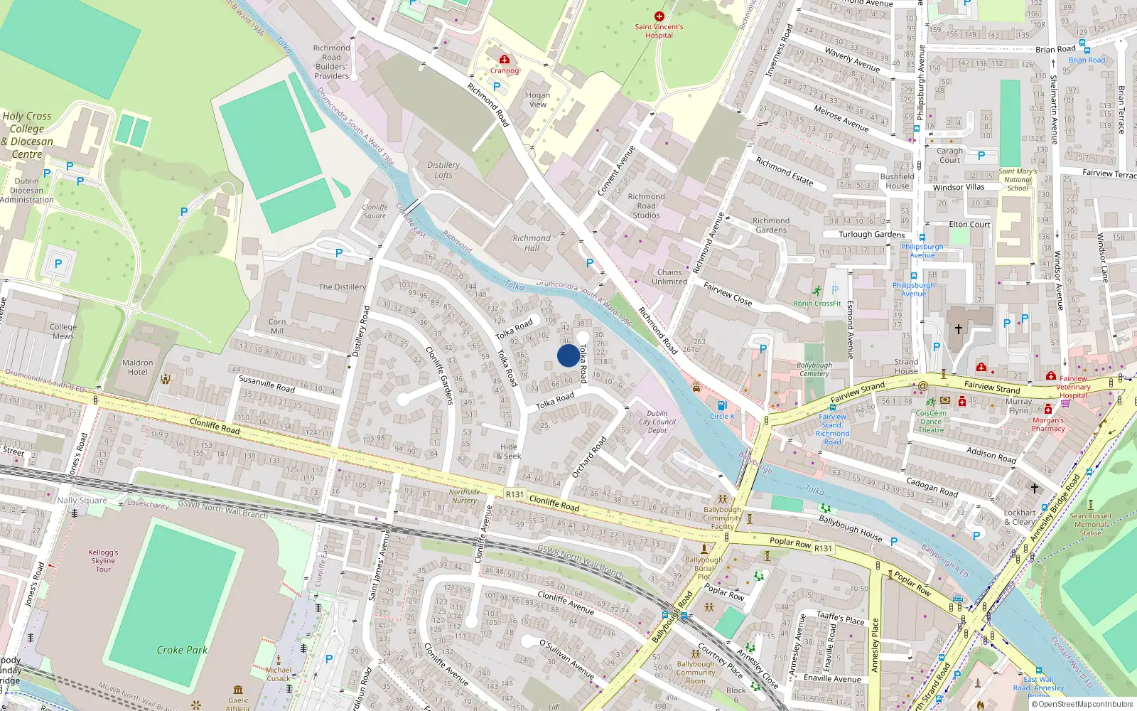 Overhead map showing the location of 52 Tolka Road, Dublin 3