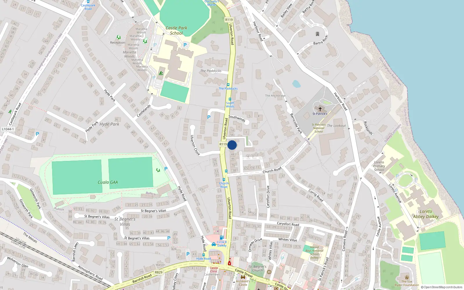 Overhead map showing the location of 52 Ulverton Road, Dalkey, Dublin