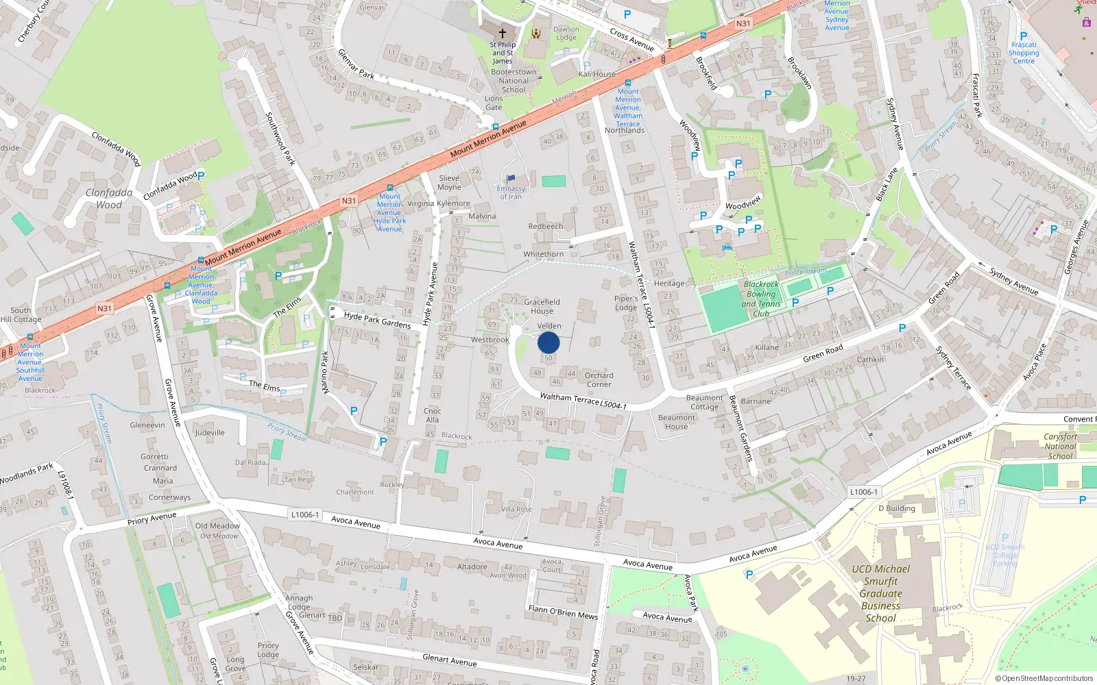 Overhead map showing the location of 52 Waltham Terrace, Blackrock