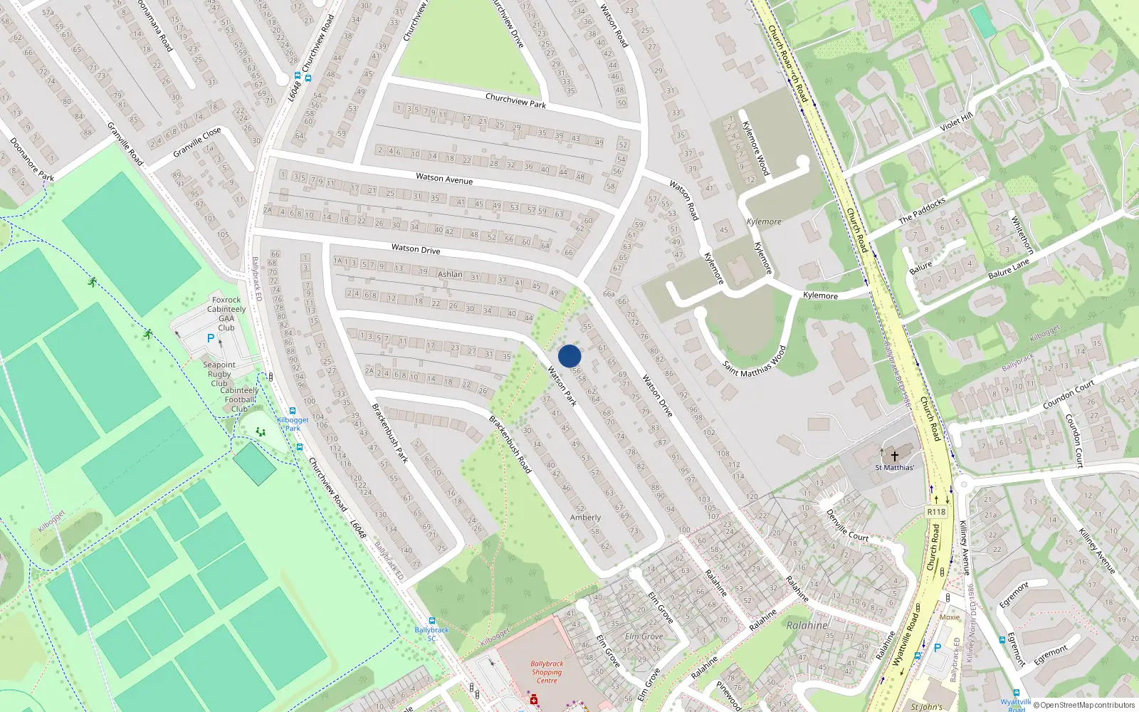 Overhead map showing the location of 52 Watson Park, Killiney