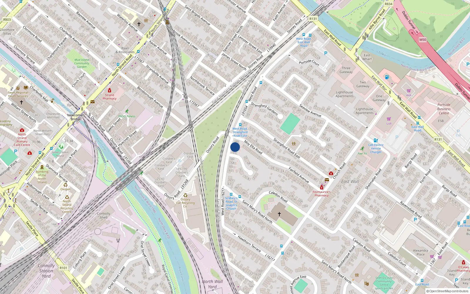 Overhead map showing the location of 52 West Road, Dublin 3