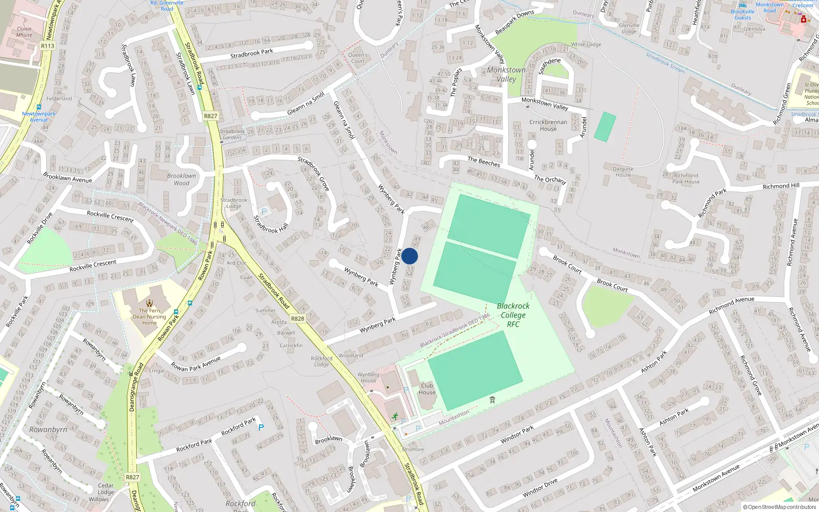Overhead map showing the location of 52 Wynberg Park, Blackrock