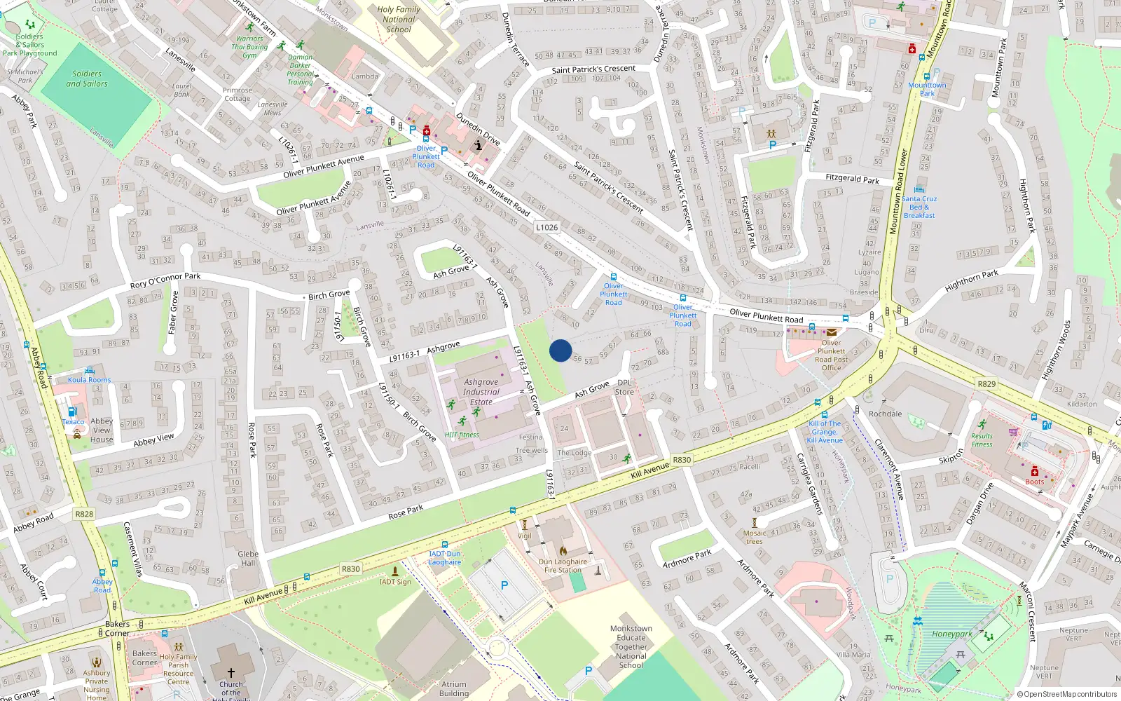 Overhead map showing the location of 53 Ashgrove, Dun Laoghaire