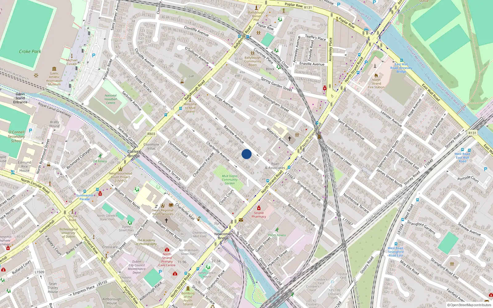 Overhead map showing the location of 53 Bayview Avenue, North Strand, Dublin 3