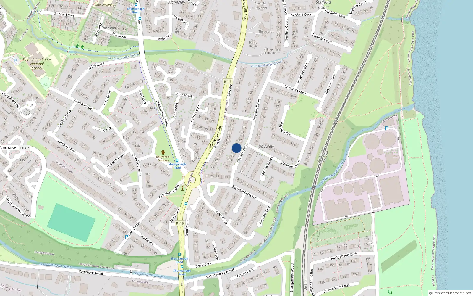 Overhead map showing the location of 53 Bayview Drive, Killiney