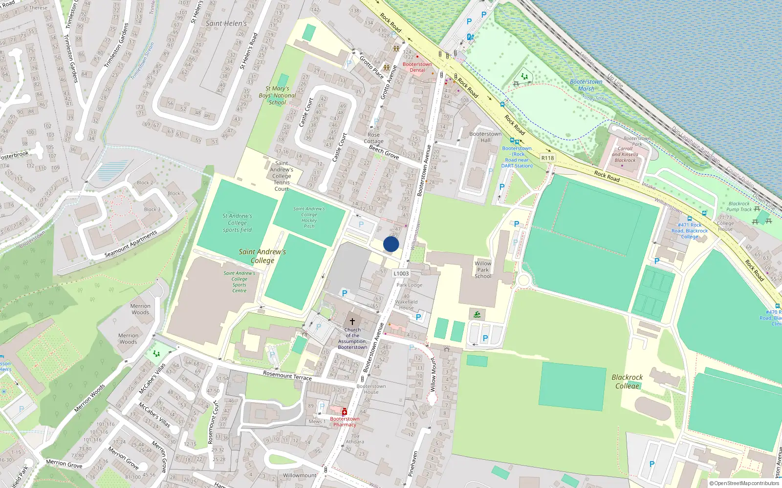 Overhead map showing the location of 53 Booterstown Avenue, Blackrock, Dublin