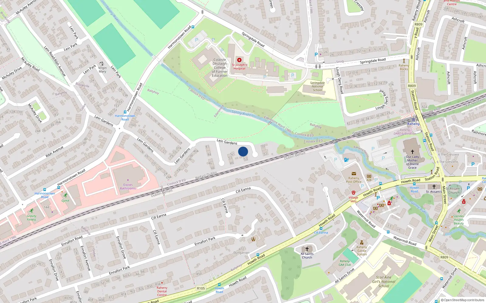 Overhead map showing the location of 53 Lein Gardens, Dublin 5