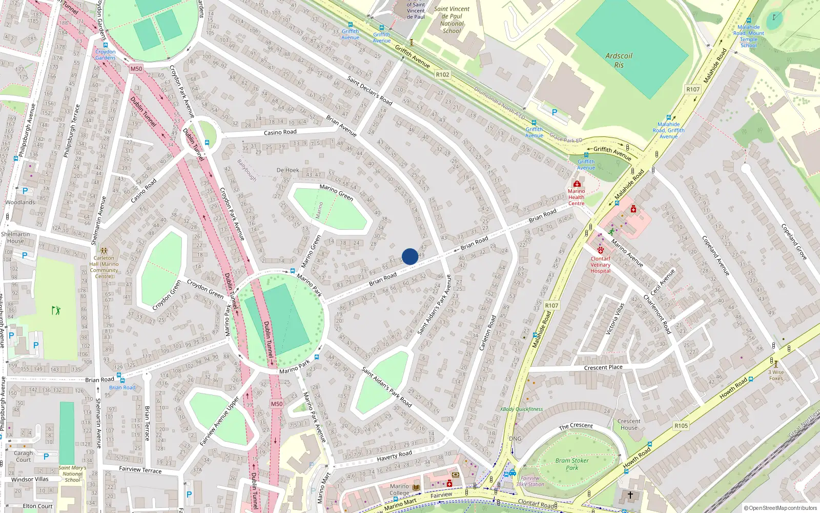 Overhead map showing the location of 53 Brian Road, Dublin 3