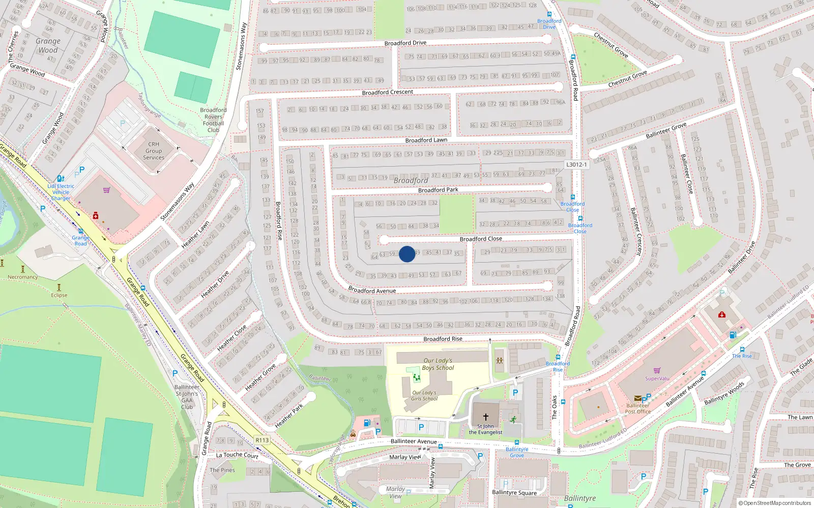 Overhead map showing the location of 53 Broadford Close, Dublin 16
