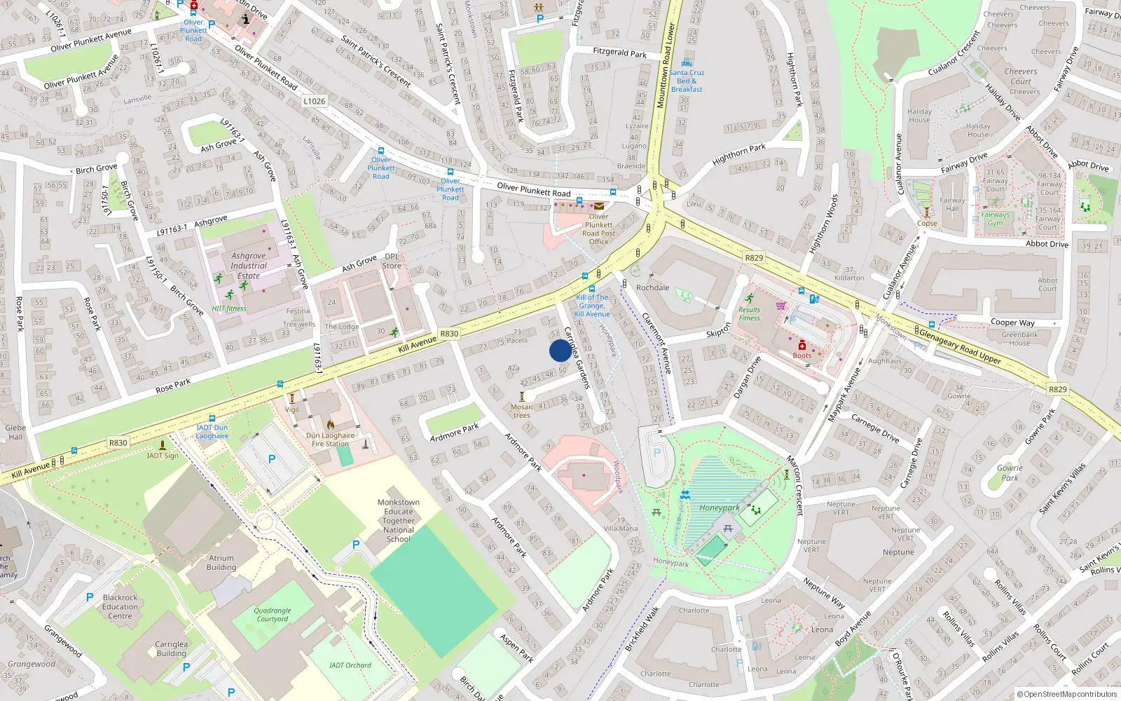 Overhead map showing the location of 53 Carriglea Gardens, Dun Laoghaire, Dublin