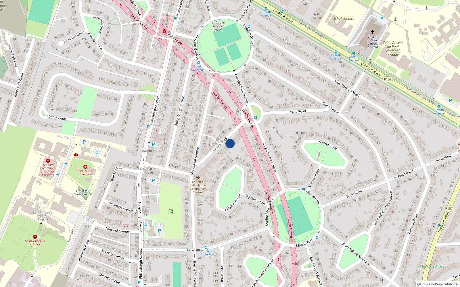 Overhead map showing the location of 53 Casino Road, Marino, Dublin 3